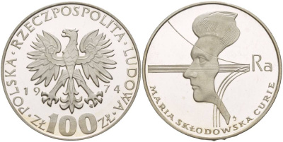 Польша 100 злотых 1974 MW, 40 лет со дня смерти Марии Склодовской-Кюри (1867-1934) KM 71, Parchimowicz 270 серебро PROOF 1087-7-55