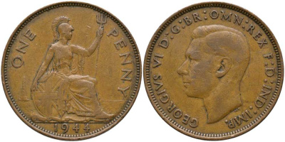 Великобритания 1 пенни 1944 Георг VI (1936-1952) КМ 845, Spink 4114 бронза 115-414