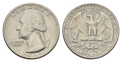 США 25 центов (квотер, 1/4 доллара) 1965 Вашингтон KM 164a медь плакированная медно-никелем 4678-1045