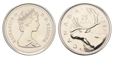 Канада 25 центов 1987 Елизавета II (1952-2022), олень KM 74 никель PROOF-LIKE (BU) 633-1612