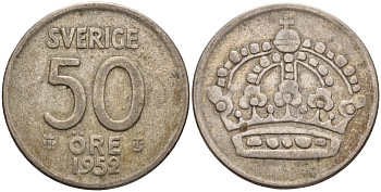 Швеция 50 эре 1952 TS, Густав VI Адольф (1950-1973) KM 825 серебро 4148-916