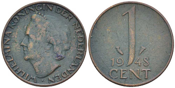 НИДЕРЛАНДЫ 1 ЦЕНТ 1948 ВИЛЬГЕЛЬМИНА (1890-1948) KM 107 бронза 214-1019