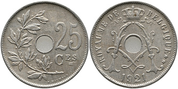 БЕЛЬГИЯ 25 САНТИМОВ 1921 BELGIQUE KM 68.1 медно-никель 79-645