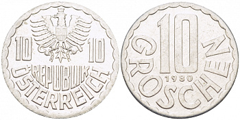 АВСТРИЯ 10 ГРОШЕЙ 1980 KM 2878 алюминий 3309-961