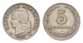 Аргентина 5 сентаво 1909 KM 34 медно-никель 4651-964