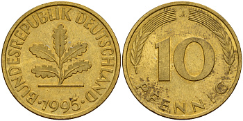 ФРГ 10 пфеннигов 1995 J J. 383, KM 108 сталь плакированная латунью    4603-721