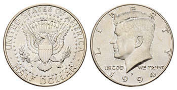 США 1/2 доллара (50 центов) 1994 P, Джон Кеннеди KM A202b медь плакированная медно-никелем UNC 4672-715