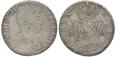 Испания 2 реала 1813 IG, ФЕРДИНАНД VII KM 474.3 (C134a.3) серебро 00-00