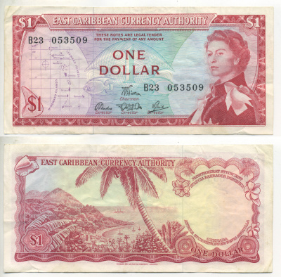 Восточно-Карибские штаты 1 доллар 1965 Британская администрация, серия В23, подпись 6 Pick 13d бумага 7552-34-1