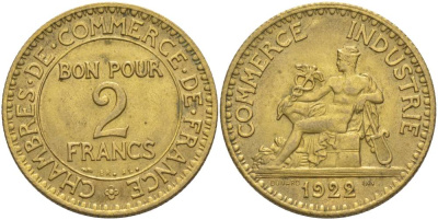 Франция 2 франка 1922 тип Chambres de Commerce KM 877, LE FRANC 267.4 алюминиевая бронза 69-1141