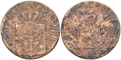 ПРУССИЯ 3 ПФЕННИГА 1821 А, ФРИДРИХ ВИЛЬГЕЛЬМ III (1797-1840) KM 407 медь 210-1144