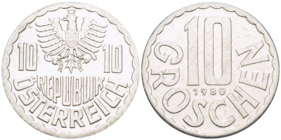 АВСТРИЯ 10 ГРОШЕЙ 1980 KM 2878 алюминий 3309-961