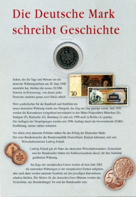 ФРГ 1 марка 1994 D, 50 лет немецкой марке, картонный буклет, официальный выпуск немецкой почты (Deutsche Post) UNC 00-00