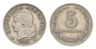 Аргентина 5 сентаво 1909 KM 34 медно-никель 4651-964