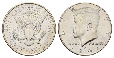 США 1/2 доллара (50 центов) 1994 P, Джон Кеннеди KM A202b медь плакированная медно-никелем UNC 4672-715