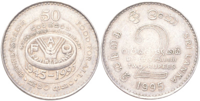 Шри-Ланка 2 рупии 1995 50 лет Продовольственной программе KM 155 медно-никель 4121-742