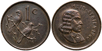 ЮАР 1 цент 1966 Ян ван Рибек (1619-1677), Suid Africa, легенда на африкаанс, капские воробьи KM 65.2 бронза 4549-438