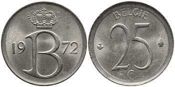 Бельгия 25 сантимов 1972 Belgie, Бодуэн I (1951-1993) KM 154.1 медно-никель 99-359