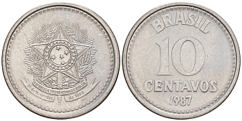 БРАЗИЛИЯ 10 СЕНТАВО 1987 РЕФОРМА 1986-1989 KM 602 нержавеющая сталь 187-532