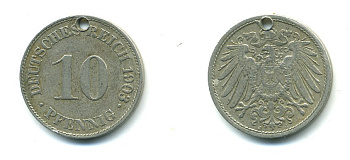 ГЕРМАНИЯ 10 ПФЕННИГОВ 1903 J С ДЫРКОЙ KM 12 медно-никель 23-744