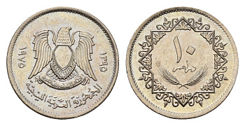 Ливия 10 дирхамов 1975 год-тип KM 14 сталь плакированная медно-никелем UNC M72-16