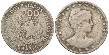 Бразилия 200 реалов 1901 MCMI, голова свободы вправо KM 504 медно-никель 4612-127