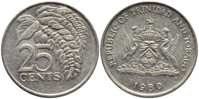 Тринидад и Тобаго 25 центов 1980 цветок дикая пуансеттия KM 32 медно-никель 4396-752