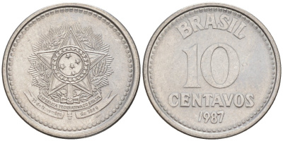 БРАЗИЛИЯ 10 СЕНТАВО 1987 РЕФОРМА 1986-1989 KM 602 нержавеющая сталь 187-532