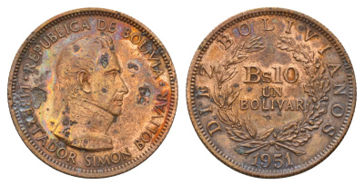 Боливия 10 боливиано 1951 год-тип KM 186 бронза 4114-1127