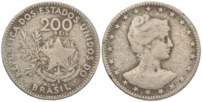 Бразилия 200 реалов 1901 MCMI, голова свободы вправо KM 504 медно-никель 4612-127