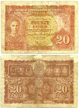 Малайя 20 центов 1941 Георг VI Pick 9 а бумага 435-73-1-2