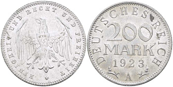 ГЕРМАНИЯ 200 МАРОК 1923 A KM 35, J. 304, Weege 22 алюминий 210-513