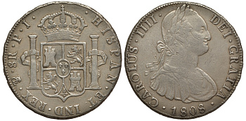 Боливия 8 реалов 1808 PJ, Карлос IV (1788-1808) KM 73.1 серебро 06-271-25