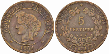 ФРАНЦИЯ 5 САНТИМОВ 1889 A, ТРЕТЬЯ РЕСПУБЛИКА (1871-1940) KM 821.1, LE FRANC 118.32 бронза 108-735