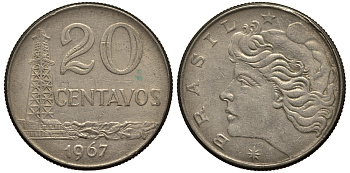Бразилия 20 сентаво 1967 голова Свободы влево KM 579.1, Schon 84 медно-никель 4182-615