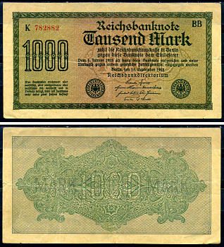 Германия 1000 марок 1922 выпуск 15 сентября 1922, водяной знак I, желтая бумага, серия BB, буква K Pick 76 b (1) бумага 8617-42-2-2
