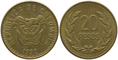Колумбия 20 песо 1992 KM 282 алюминиевая бронза 4528-1138