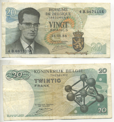 Бельгия 20 франков 1964 Бодуэн I, атомиум, Kestens Pick 138 (3) бумага 6299-9-1-1
