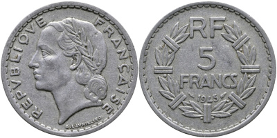 Франция 5 франков 1945 тип Лаврийе, Open 9 KM 888b.1, Le Franc 339.3 алюминий 221-232