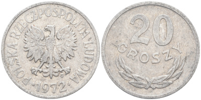 ПОЛЬША 20 ГРОШЕЙ 1972 MW KM А47 алюминий 106-444