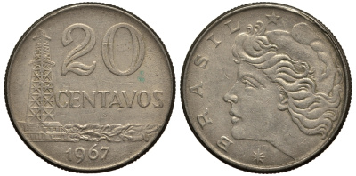 Бразилия 20 сентаво 1967 голова Свободы влево KM 579.1, Schon 84 медно-никель 4182-615