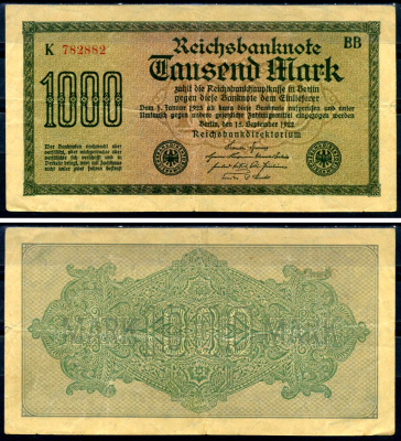 Германия 1000 марок 1922 выпуск 15 сентября 1922, водяной знак I, желтая бумага, серия BB, буква K Pick 76 b (1) бумага 8617-42-2-2