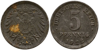 Германия 5 пфеннигов 1922 F KM 19, J. 297 железо плакированная цинком 4189-835