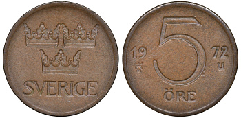 Швеция 5 эре 1972 Густав VI Адольф (1950-1973) KM 845 бронза 4609-1028