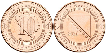 Босния и Герцеговина 10 фенигов 2021 KM 115 сталь плакированная медью UNC 4602-1019