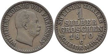 ПРУССИЯ 1 ГРОШ 1870 С, ВИЛЬГЕЛЬМ I (1861-1888) KM 485 серебро 201-648
