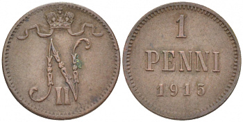 РОССИЯ ДЛЯ ФИНЛЯНДИИ 1 ПЕННИ 1915 НИКОЛАЙ II KM 13, Биткин 475 медь 4396-1432