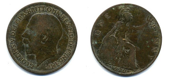 Великобритания 1 пенни 1920 Георг V (1910-1936) КМ 810, Spink 4051 бронза 47-331