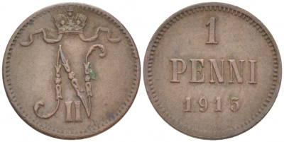 РОССИЯ ДЛЯ ФИНЛЯНДИИ 1 ПЕННИ 1915 НИКОЛАЙ II KM 13, Биткин 475 медь 4396-1432