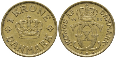 ДАНИЯ 1 КРОНА 1939 N; GJ, КРИСТИАН X (1912-1947) KM 824.2 алюминиевая бронза 34-1144